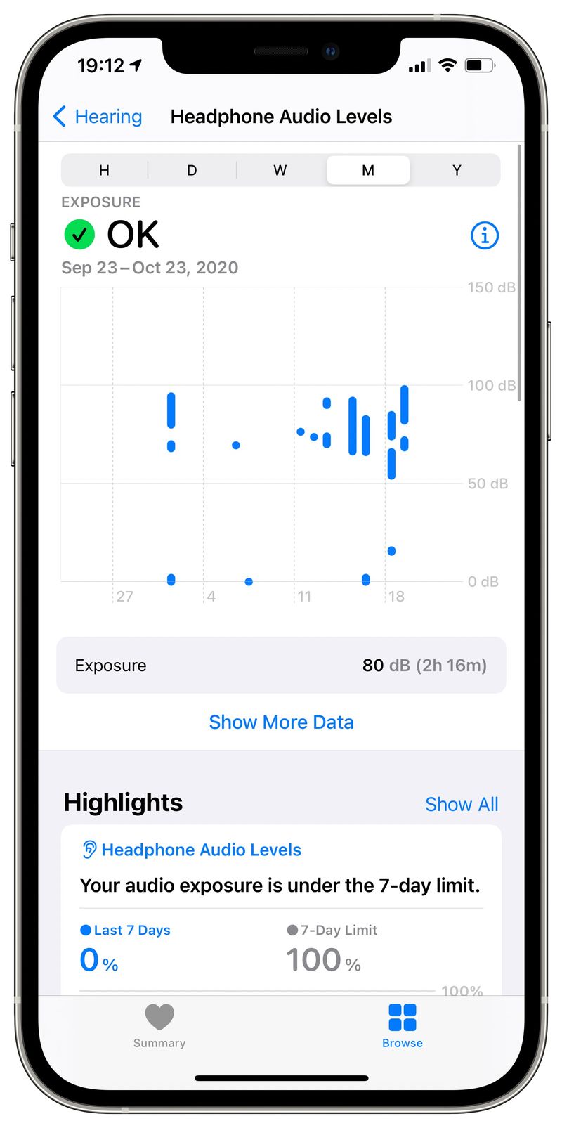 Die Health-App auf iOS 14 mit dem Bildschirm „Kopfhörer-Audiopegel“ auf dem iPhone