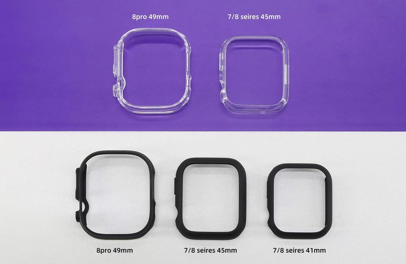 Nebeneinander liegende Bilder von Schutzhüllen für die Apple Watch Pro, Series 8 und Series 7 veranschaulichen Größenunterschiede