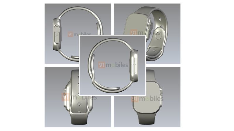 CAD-Renderings der Apple Watch Pro zeigen eine physische Taste auf der linken Seite, ein Flachbildschirmdesign und einen Vorsprung auf der rechten Seite, in dem sich die digitale Krone und die Seitentasten befinden