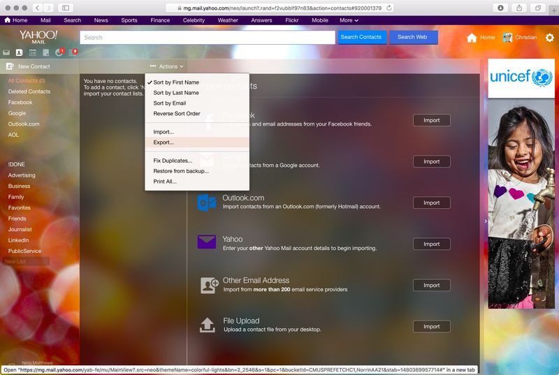 Web-Screenshot 001 für den Export von Yahoo-Kontakten