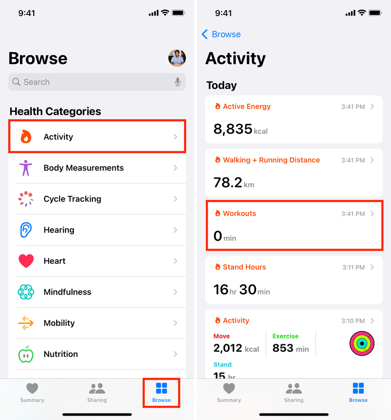 Workouts im Aktivitätsbereich der Health-App auf dem iPhone