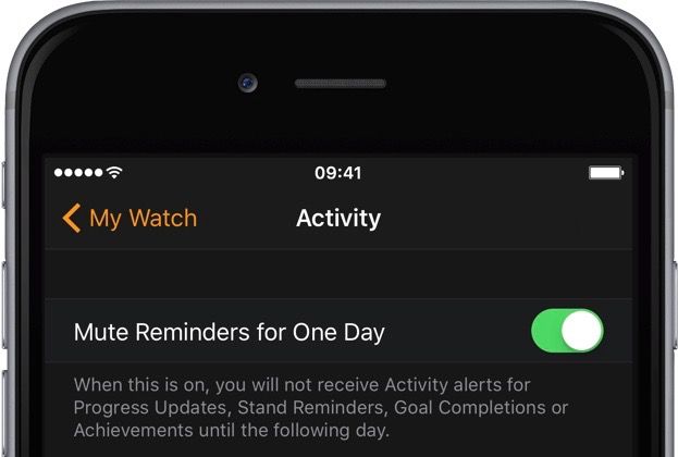 Apple Watch-Begleit-App „Aktivitätserinnerungen für einen Tag stumm schalten“ iPhone-Screenshot 001