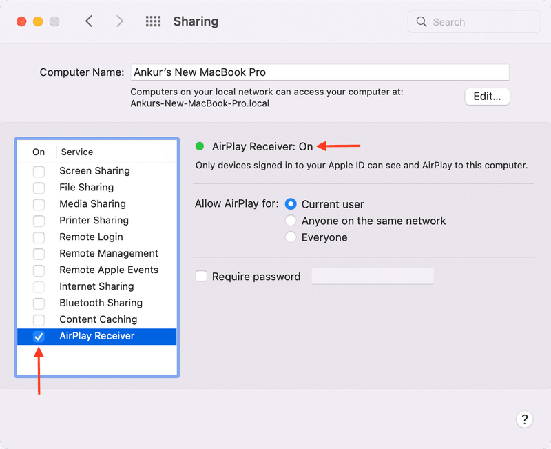 AirPlay Receiver auf Mac mit macOS Monterey aktiviert