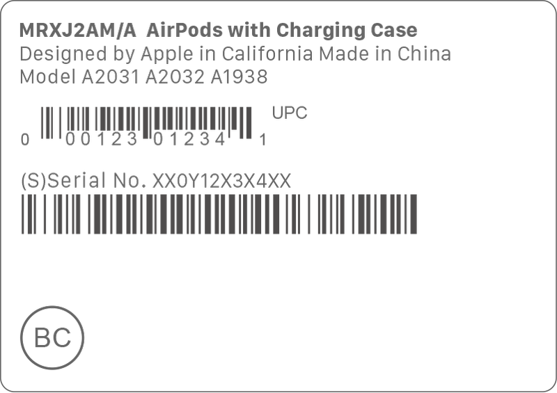 Seriennummern und Modellnummern der AirPods Max auf dem Verpackungsaufkleber