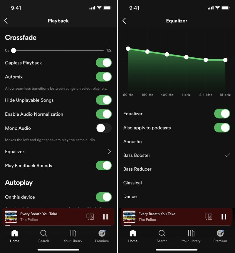 Bass Booster-Einstellungen in Spotify auf dem iPhone