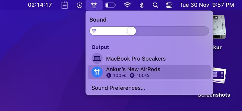 AirPods-Akku, indem Sie auf das AirPods-Symbol in der Mac-Menüleiste klicken