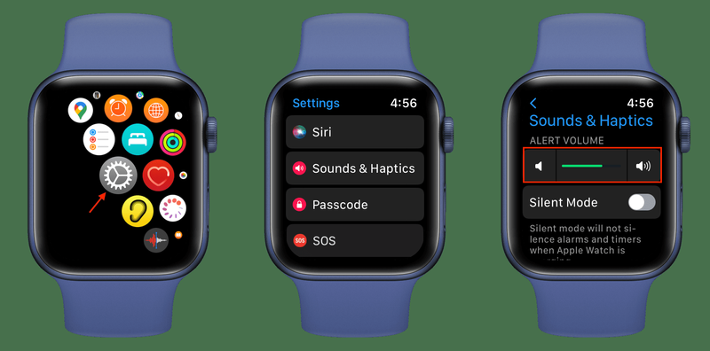 Ton- und Haptikeinstellungen auf der Apple Watch zum Anpassen der Alarmlautstärke