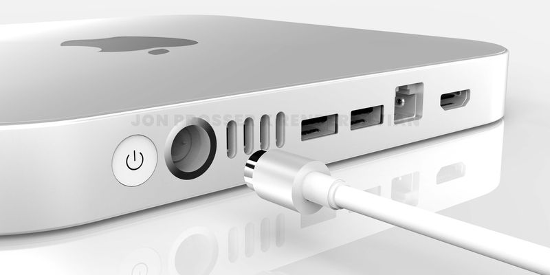 Eine auf Gerüchten basierende Darstellung, die die Rückseite des kommenden M1X Mac mini mit mehr Anschlüssen und einem magnetischen Stromanschluss zeigt