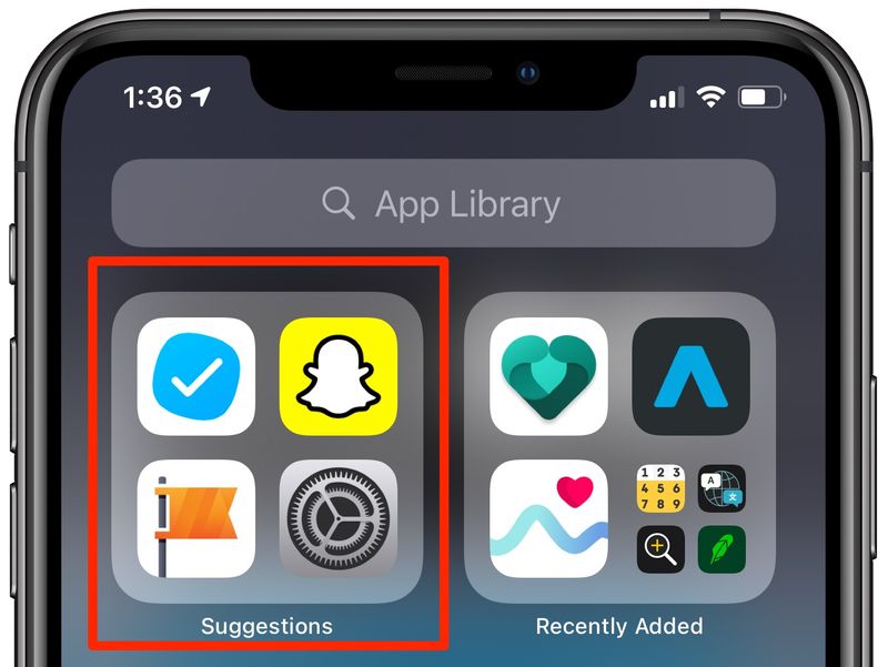Von Siri vorgeschlagene Apps – App-Bibliothek mit hervorgehobenem Ordner „Vorschläge“.