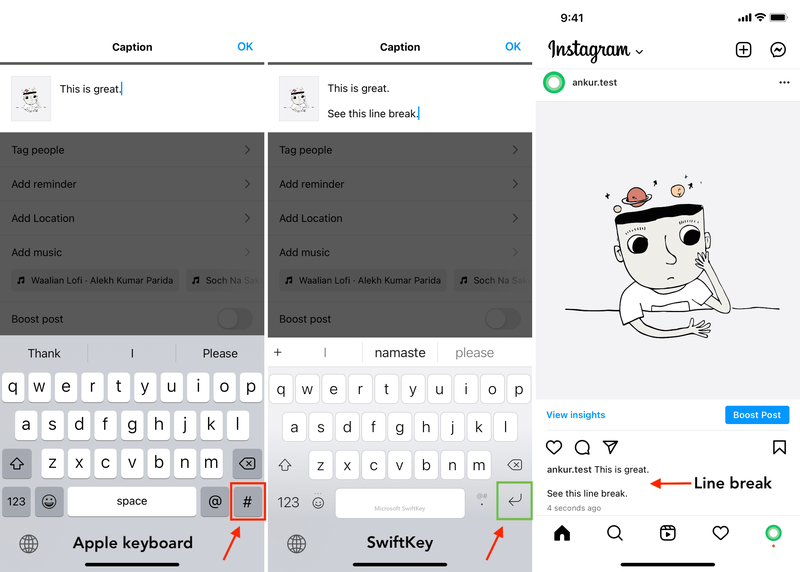 Fügen Sie mit der SwiftKey-Tastatur einen Zeilenumbruch auf Instagram hinzu