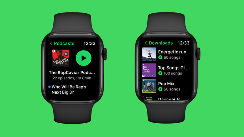 Zwei Screenshots von Apple Watch-Geräten zeigen die Verwaltung von Offline-Musik in der Spotify-App