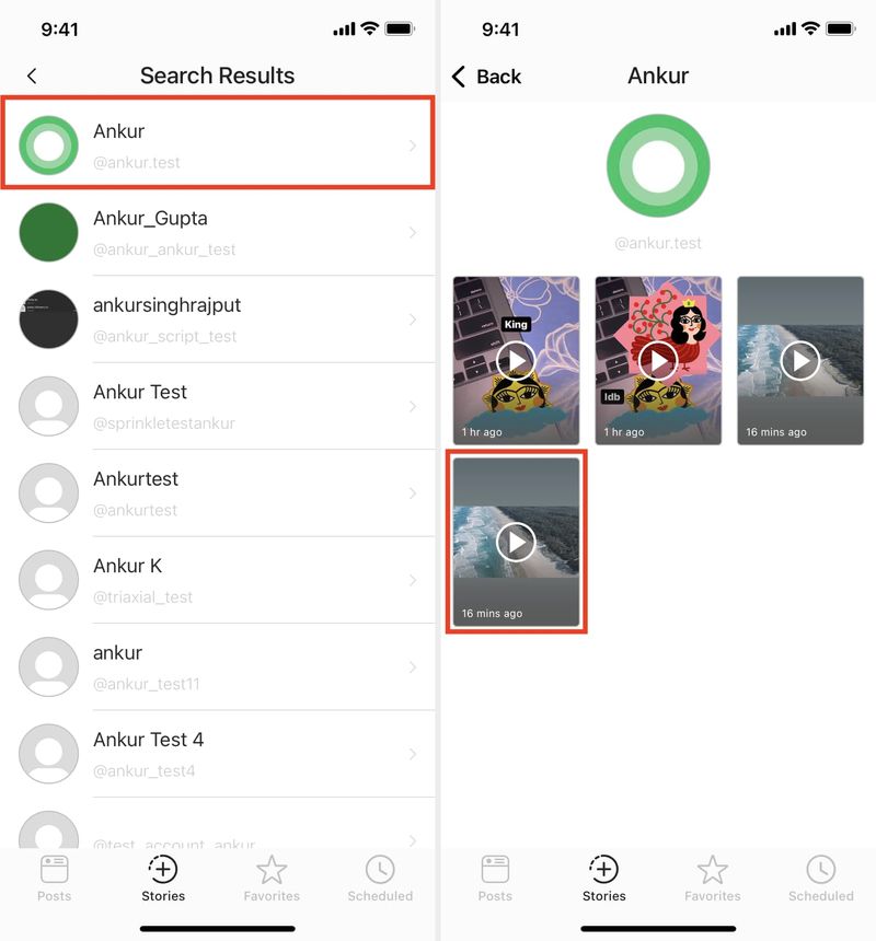 Wählen Sie Konto und Instagram-Story in der Reposter-App aus