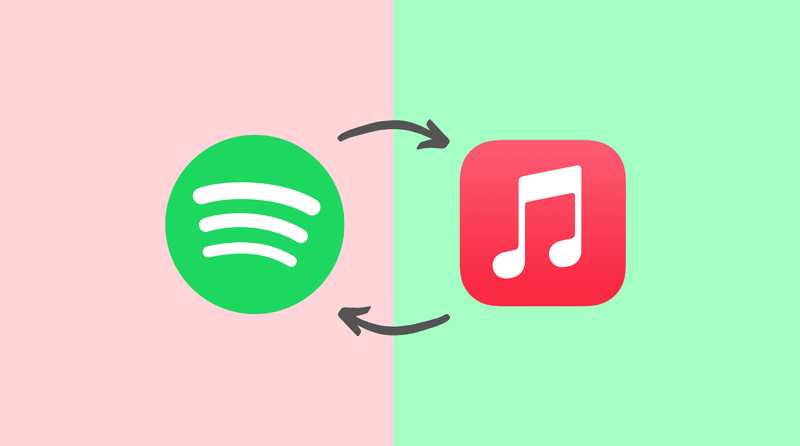Spotify- und Apple Music-Logos auf hellem Hintergrund mit zwei Pfeilen, die die Songübertragung zwischen ihnen anzeigen