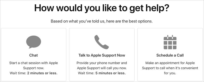 Holen Sie sich Hilfe Apple Support-Optionen