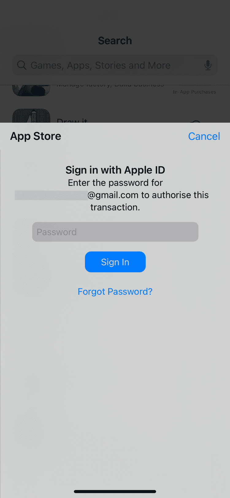 Geben Sie das Passwort für die Apple-ID ein, um diese Transaktionswarnung im iPhone App Store zu autorisieren