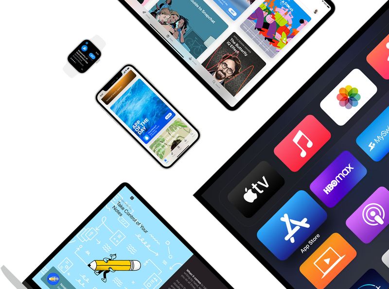 Ein Teaserbild, das den App Store zeigt, der auf mehreren Apple-Geräten wie iPhone, iPad, Apple TV und Apple Watch läuft