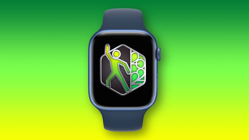 Das abgebildete Bild zeigt eine exklusive virtuelle Auszeichnung auf der Apple Watch, die Sie durch den Abschluss der Aktivitätsherausforderung zum Internationalen Tanztag 2022 erhalten
