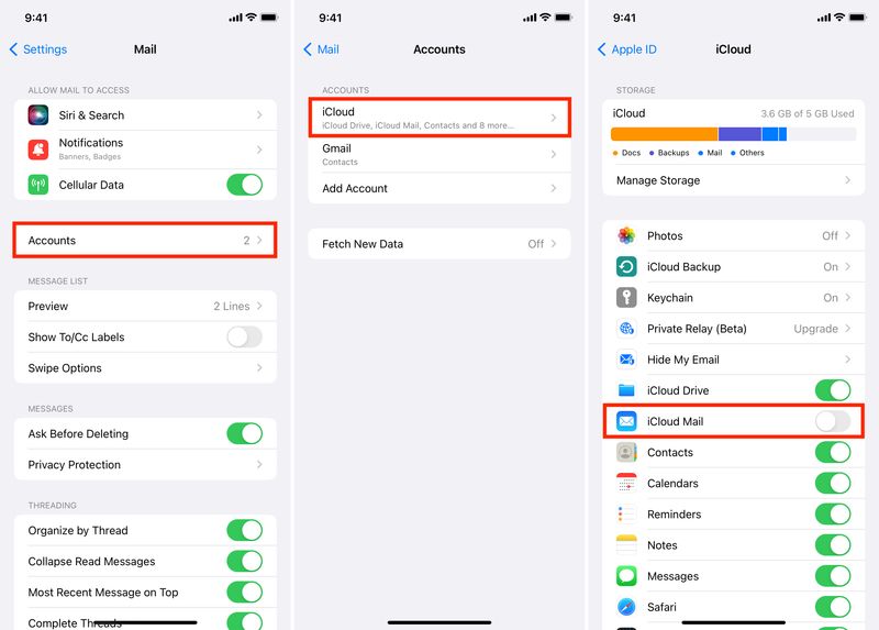 Deaktivieren Sie iCloud Mail in den iPhone-Einstellungen, um es zurückzusetzen