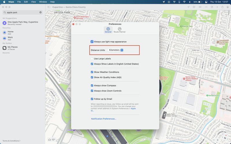 Schalten Sie die Distanzeinheit von Apple Maps auf dem Mac auf Kilometer oder Meilen um
