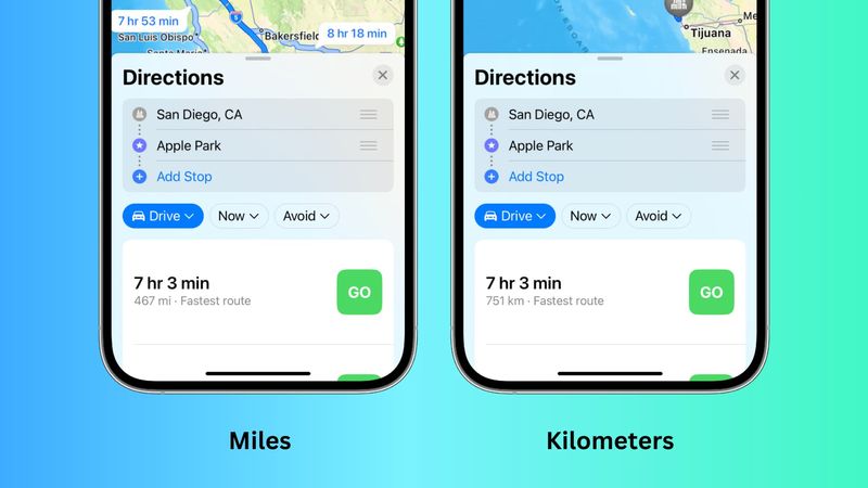 Zwei iPhone-Screenshots derselben Reise, wobei einer die Entfernung in Meilen und der andere in Kilometern anzeigt