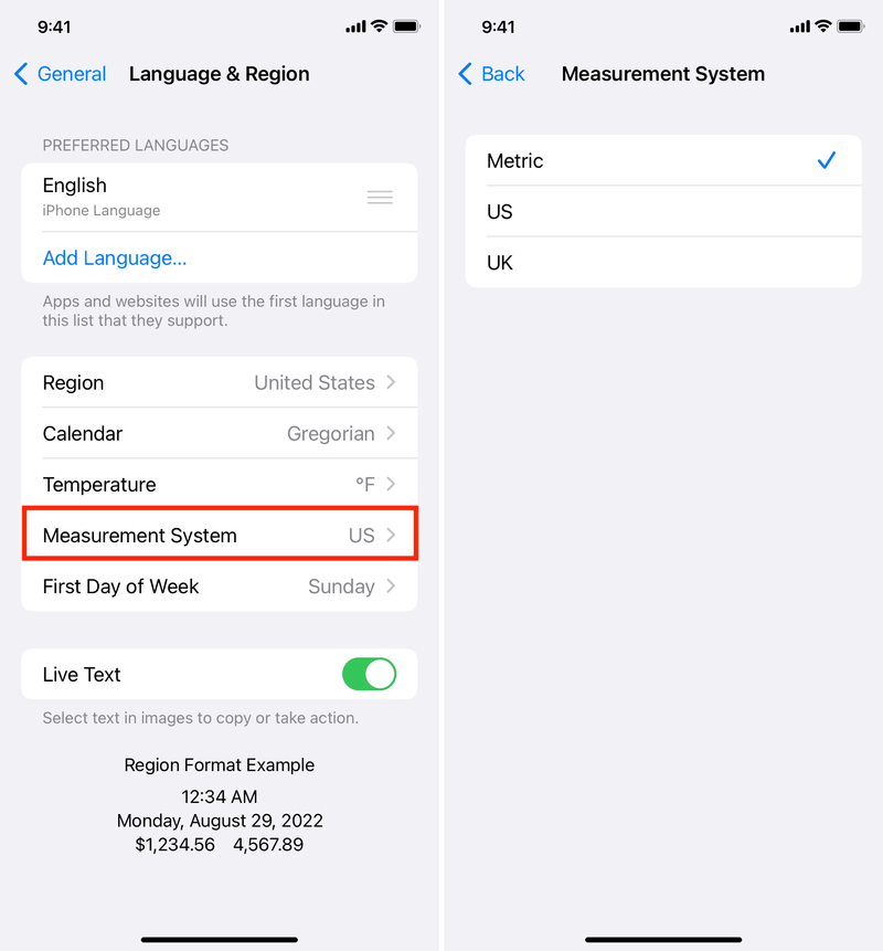 Maßsystem in den Sprach- und Regionseinstellungen des iPhones