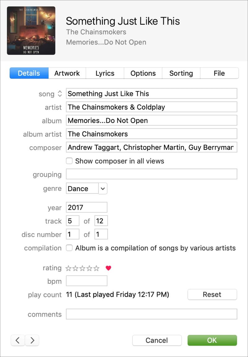 Abschnitt „Song-Info-Details“ in iTunes und Mac
