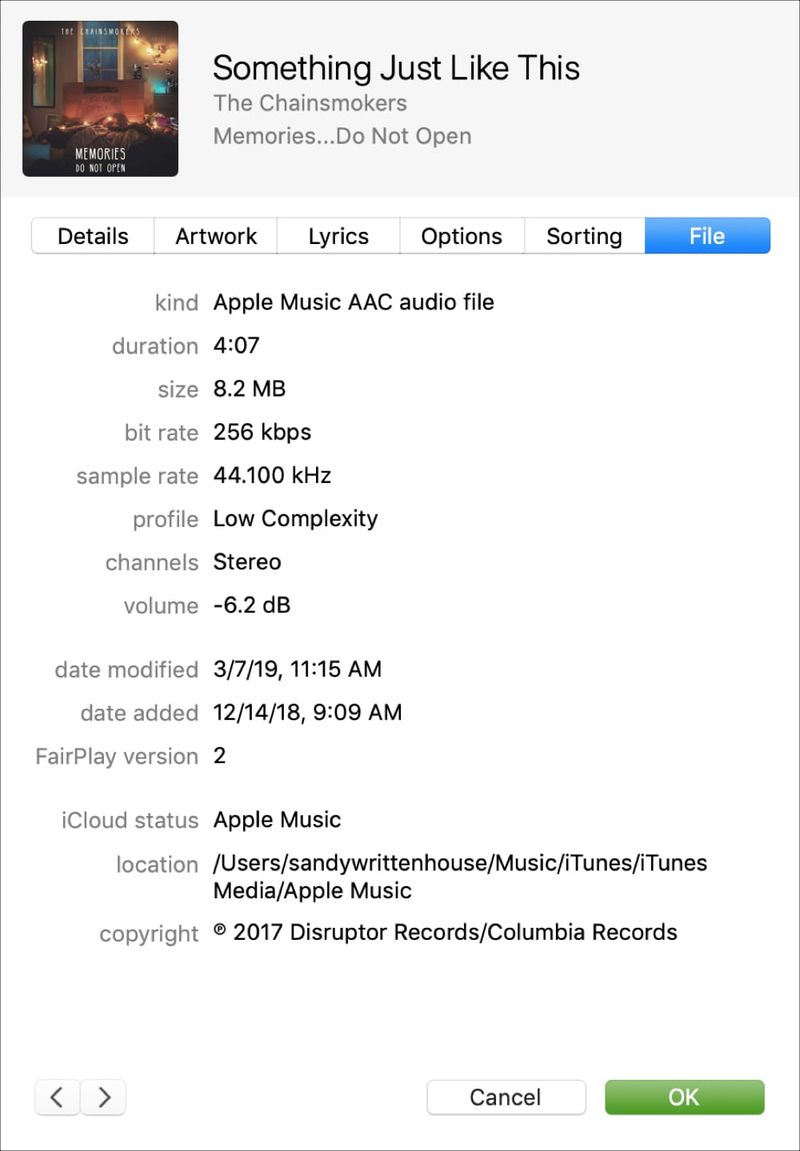 Song-Info-Dateibereich iTunes