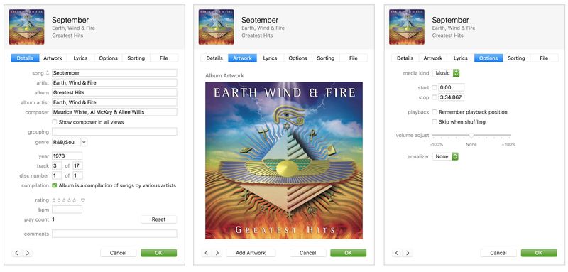 Song-Info in iTunes – Earth Wind and Fire