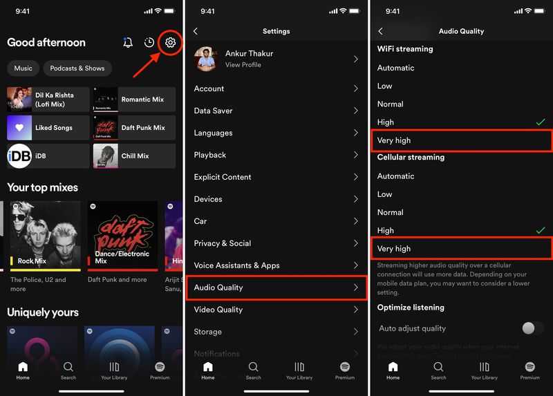 Wählen Sie Audio-Streaming in sehr hoher Qualität in Spotify auf dem iPhone
