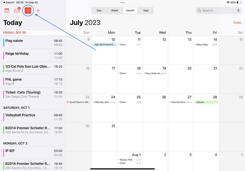Kalenderlistenansicht auf dem iPad