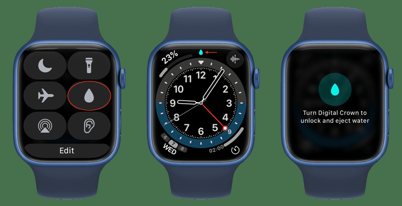 Drei Apple Watch-Modelle, die zeigen, wie Wasser aus der Apple Watch ausgestoßen wird