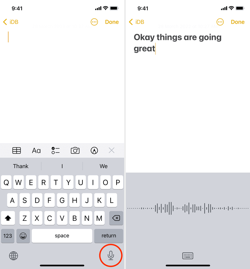 Verwenden Sie das Diktieren auf dem iPhone, indem Sie auf die Mikrofontaste auf der Tastatur tippen