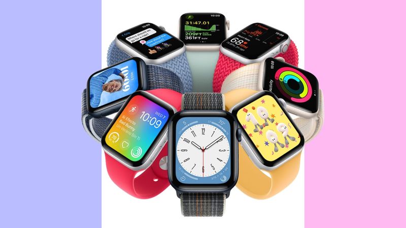 Acht Apple Watches mit unterschiedlichen Zifferblättern und Uhrenarmbändern in einem wunderschönen kreisförmigen Design