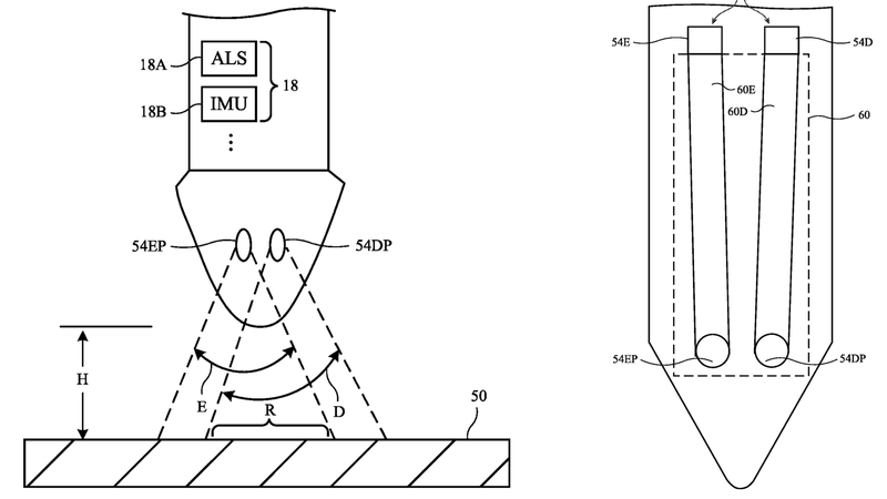 Patentzeichnungen, die einen Apple Pencil mit einem optischen Sensor zum Abtasten von Oberflächenfarbe und -textur zeigen