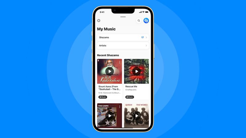 Shazamed-Songverlauf auf dem iPhone auf blauem Hintergrund