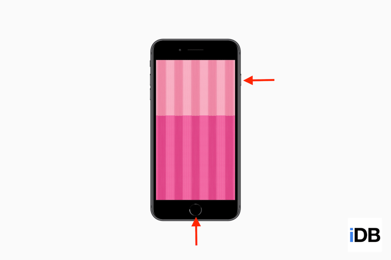 Ein iPhone-Mockup mit Home-Taste, das Pfeile zeigt, die auf die Tasten zeigen, um einen Screenshot zu machen