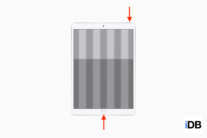 Ein Modell eines iPad mit Home-Taste, das Pfeile zeigt, die auf die Tasten zeigen, um einen Screenshot zu machen