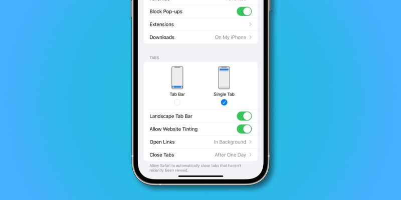 iPhone-Screenshot mit Safari-Optionen für Registerkarten mit oberer und unterer Platzierung der Adressleiste unter iOS 15