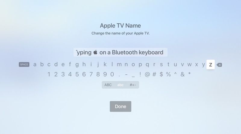tvOS unterstützt auch die Eingabe des Apple-Symbols über eine externe Tastatur oder eine Remote-Tastatur auf einem iPhone oder iPad