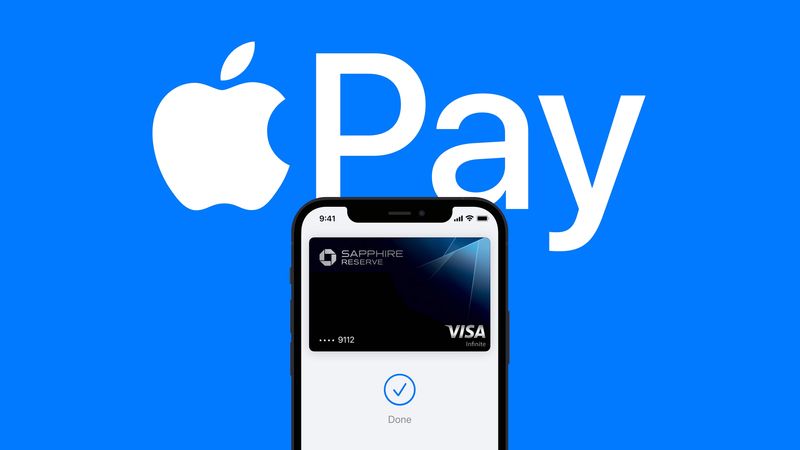Komposition, die Apple Pay auf einem iPhone vor einem durchgehend blauen Hintergrund zeigt