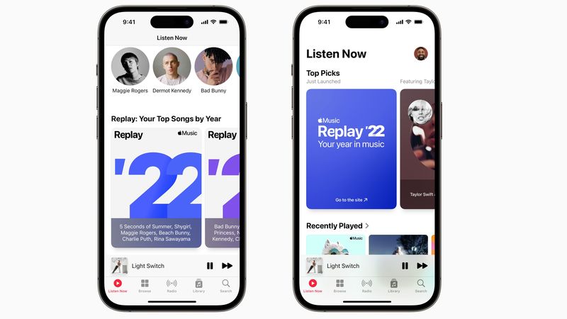 Zwei iPhone-Screenshots zeigen Apple Music Replay und die Top-Songs für 2022 in der Musik-App