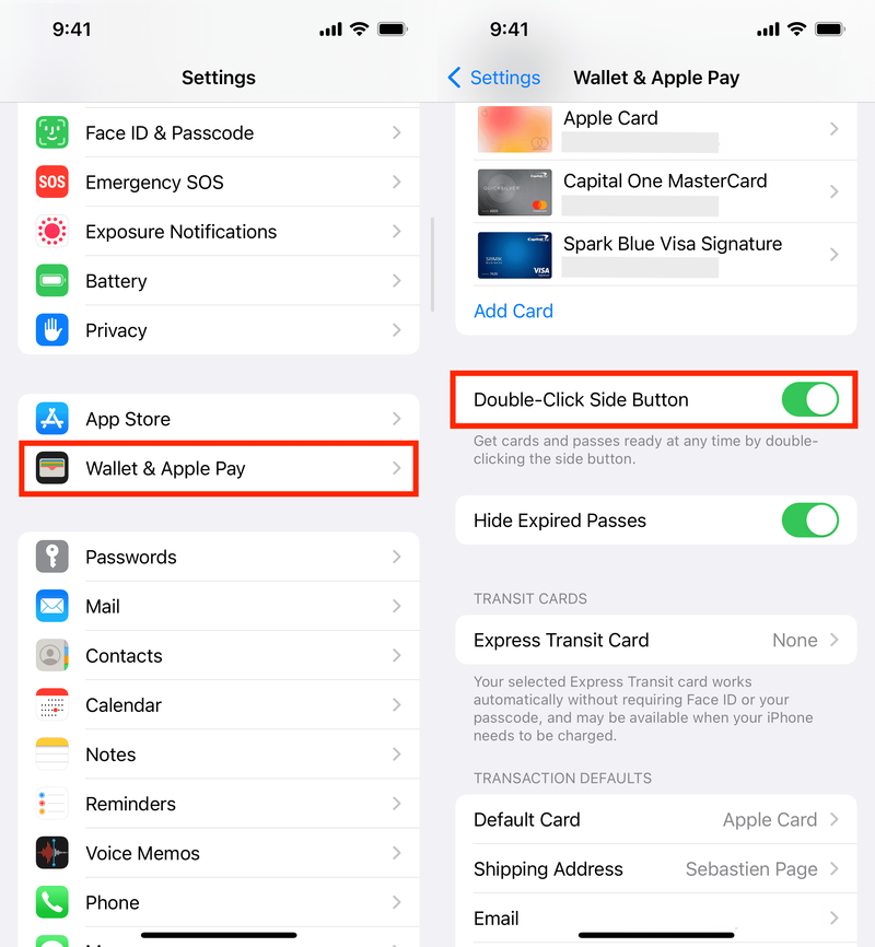 Doppelklicken Sie auf die Seitentaste in den Wallet- und Apple Pay-Einstellungen auf dem iPhone