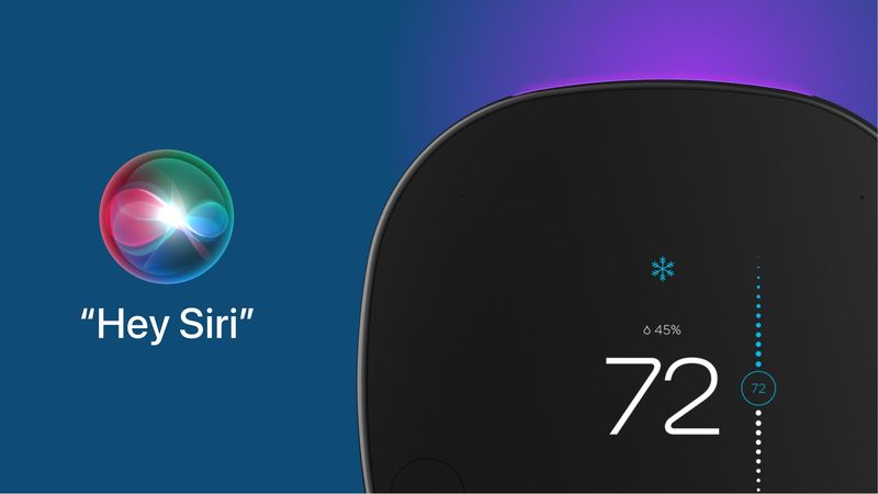 Ein Marketingbild von Ecobee, das seinen intelligenten Thermostat und die Hey Siri-Kugel vor einem blau/rosa Farbverlauf zeigt