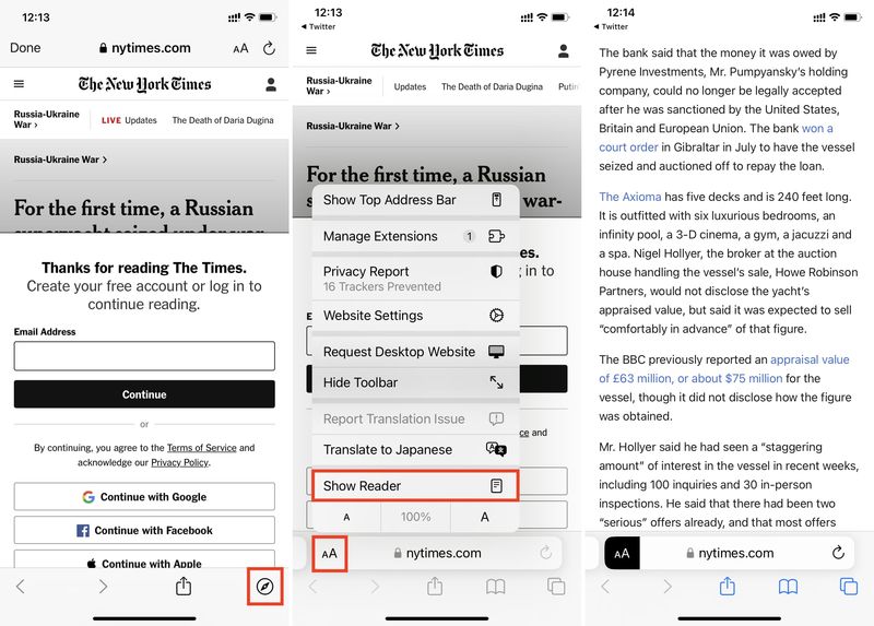 Verwenden Sie den Safari-Reader-Modus, um die Paywall auf Nachrichten- und anderen Websites zu umgehen