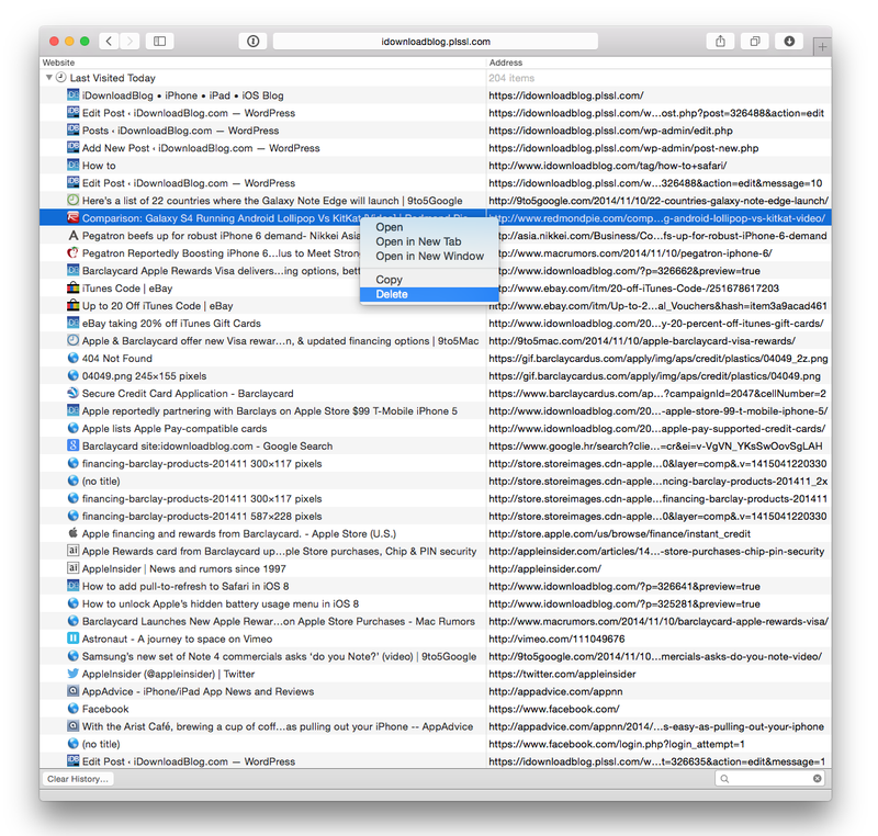 OS X Yosemite (So entfernen Sie einzelne Seiten aus dem Safari-Verlauf 002)