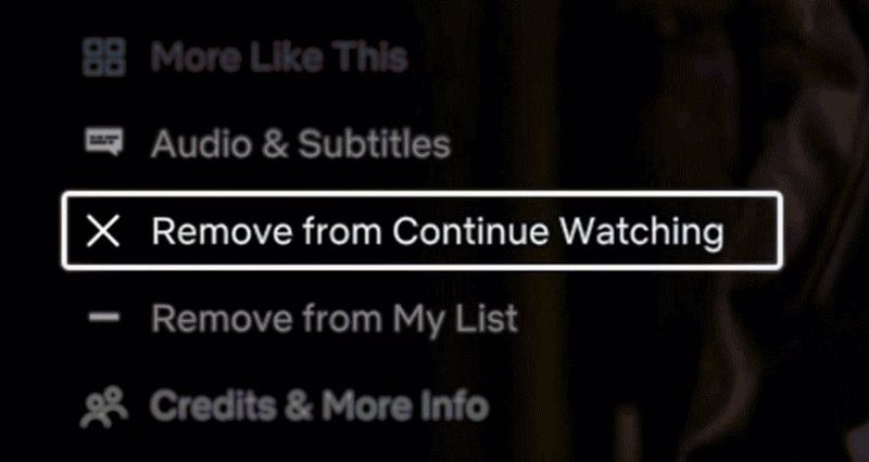 Ein Bild eines Netflix-Menüs mit der Option zum Entfernen von Inhalten aus der ausgewählten Liste „Beobachten fortsetzen“.