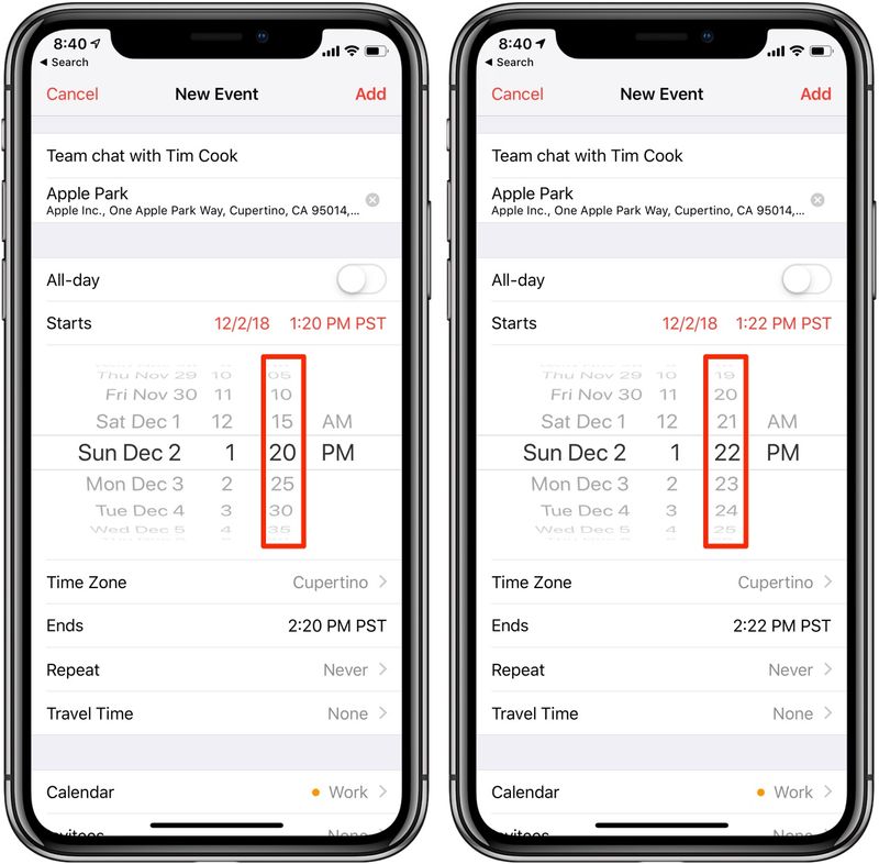 Zu den Tipps für den Apple-Kalender für das iPhone gehört das Doppeltippen des Zeitwählers am Drehrad, um präzise, gleichmäßige Zeiten in Schritten von 1 Minute einzustellen