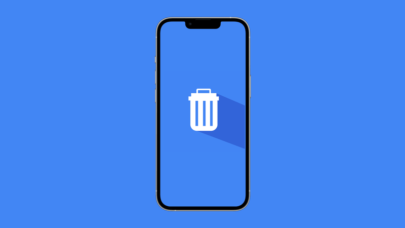 iPhone mit dem Löschsymbol auf einem durchgehend blauen Hintergrund