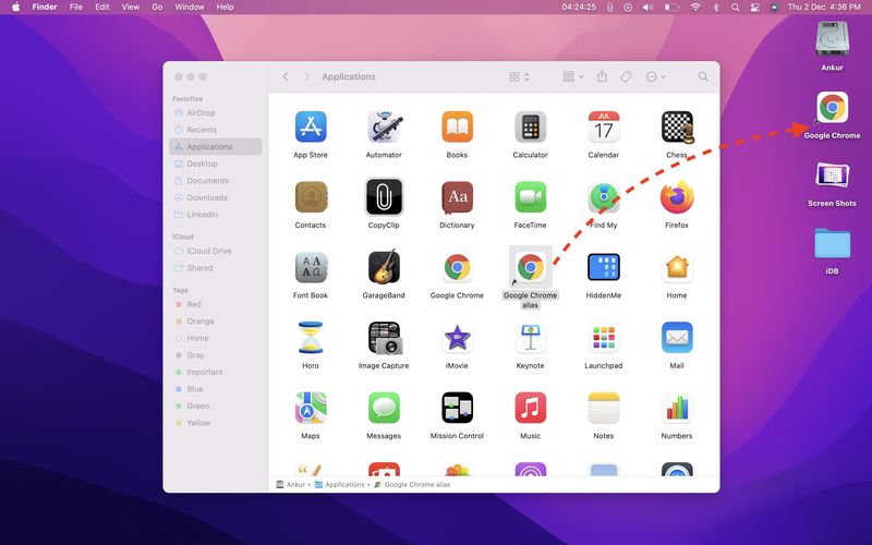 Ziehen Sie das Alias-App-Symbol auf den Mac
