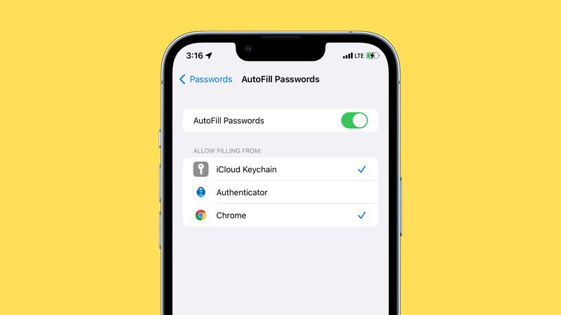 Bildschirm zum automatischen Ausfüllen des iPhone-Passworts mit Google Chrome und dem iCloud-Schlüsselbund auf gelbem Hintergrund